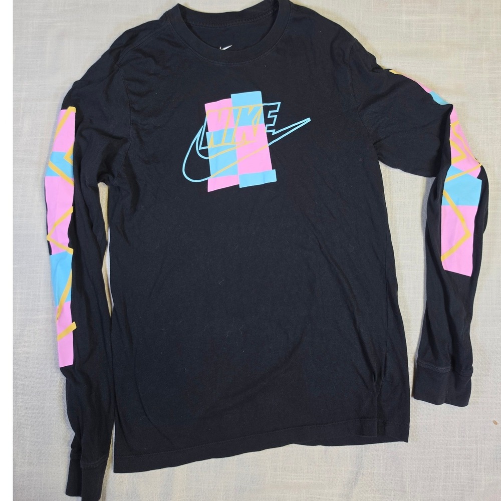 Nike Long Sleeve Graphic Tee Black Pink Blue Yellow Retro Logo Shirt Small